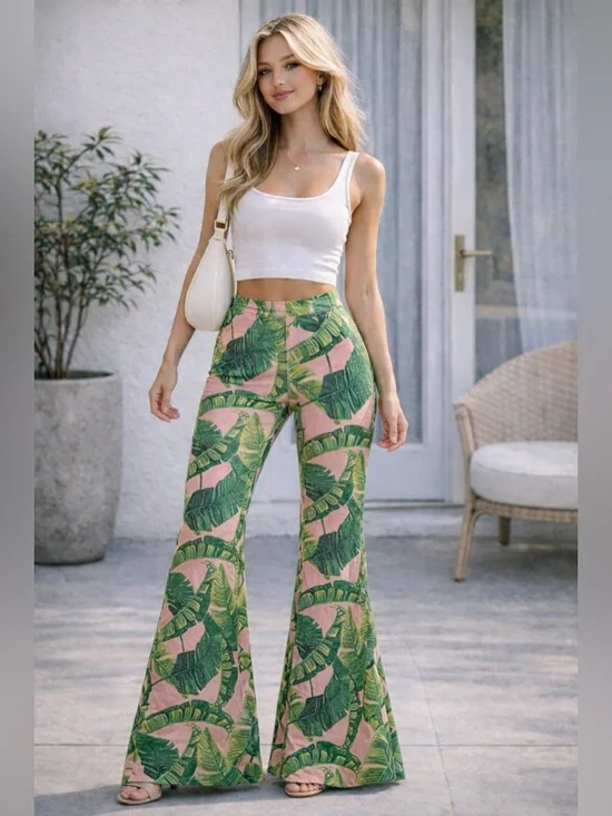 Judith March Palm Flare Pants Pink Green Tropical High Waist Bell Bottom Size S - Picture 1 of 14